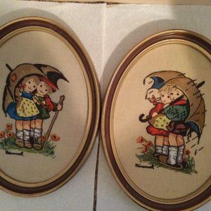 Pair vintage Hummel Crewel embroidery oval frame wall hanging children umbrella